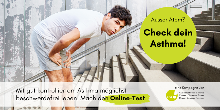 Kampagnensujet der Asthma-Kampagne 2024: Ein junger Mann steht ausser Atem auf einer Treppe.